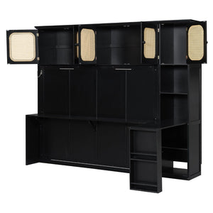 English Elm Full Murphy Bed with Faux Rattan Cabinets and Integrated Desk for Home Office Black LP000413AAB