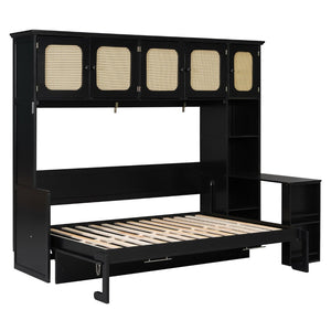 English Elm Full Murphy Bed with Faux Rattan Cabinets and Integrated Desk for Home Office Black LP000413AAB