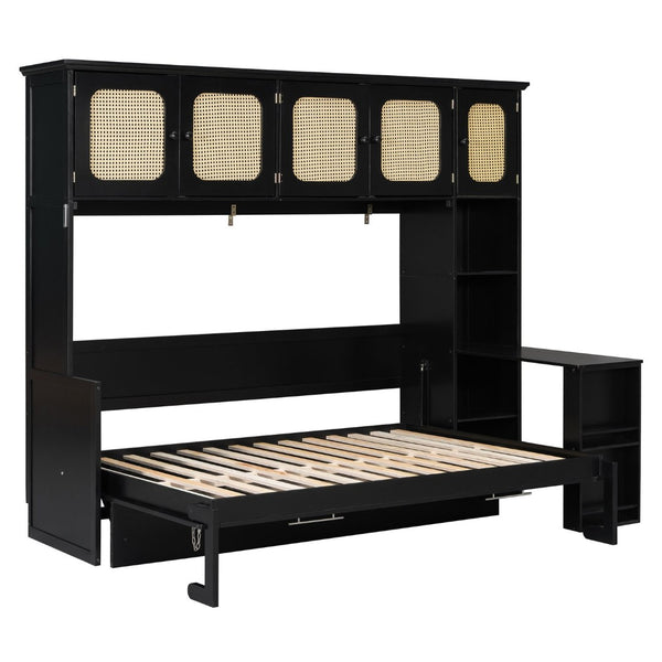 English Elm Full Murphy Bed with Faux Rattan Cabinets and Integrated Desk for Home Office Black LP000413AAB