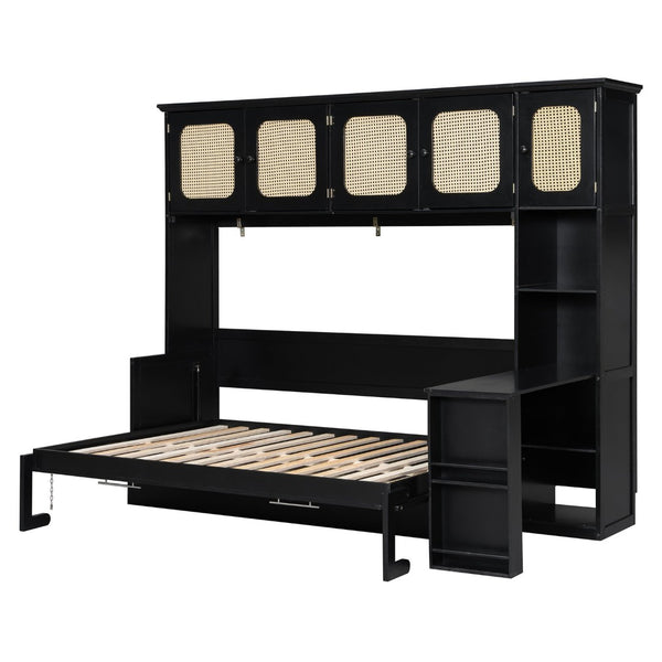 English Elm Full Murphy Bed with Faux Rattan Cabinets and Integrated Desk for Home Office Black LP000413AAB