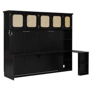 English Elm Full Murphy Bed with Faux Rattan Cabinets and Integrated Desk for Home Office Black LP000413AAB