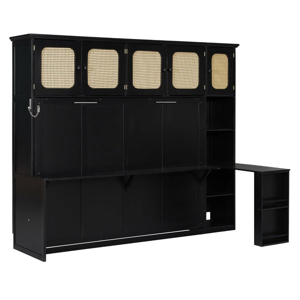 English Elm Full Murphy Bed with Faux Rattan Cabinets and Integrated Desk for Home Office Black LP000413AAB