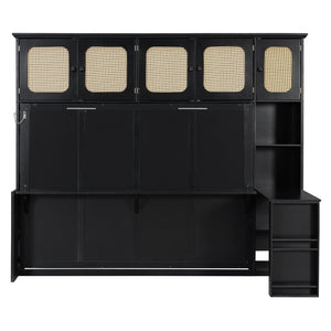 English Elm Full Murphy Bed with Faux Rattan Cabinets and Integrated Desk for Home Office Black LP000413AAB