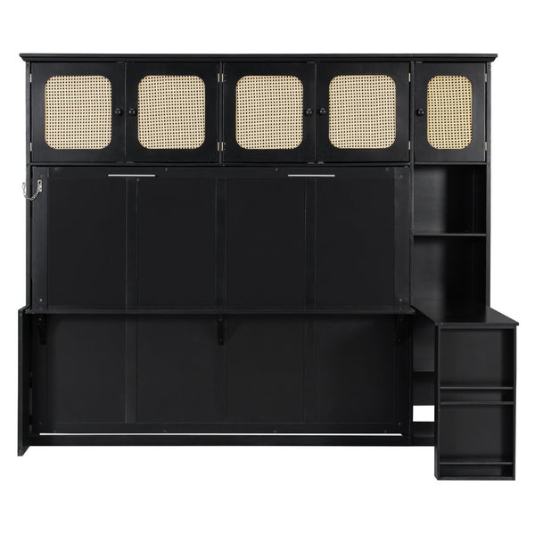 English Elm Full Murphy Bed with Faux Rattan Cabinets and Integrated Desk for Home Office Black LP000413AAB