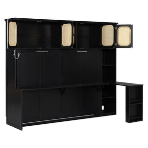 English Elm Full Murphy Bed with Faux Rattan Cabinets and Integrated Desk for Home Office Black LP000413AAB