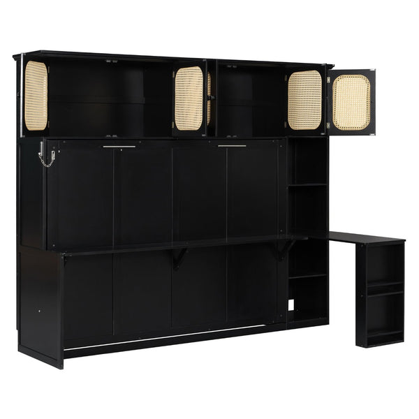 English Elm Full Murphy Bed with Faux Rattan Cabinets and Integrated Desk for Home Office Black LP000413AAB
