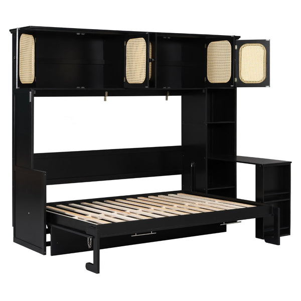 English Elm Full Murphy Bed with Faux Rattan Cabinets and Integrated Desk for Home Office Black LP000413AAB