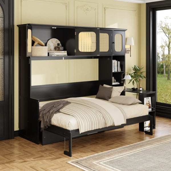 English Elm Full Murphy Bed with Faux Rattan Cabinets and Integrated Desk for Home Office Black LP000413AAB