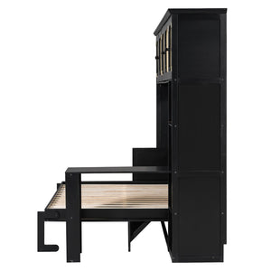 English Elm Full Murphy Bed with Faux Rattan Cabinets and Integrated Desk for Home Office Black LP000413AAB