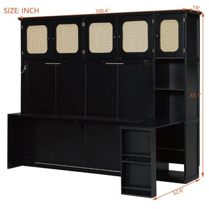 English Elm Full Murphy Bed with Faux Rattan Cabinets and Integrated Desk for Home Office Black LP000413AAB
