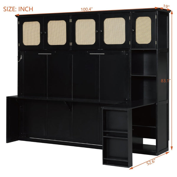 English Elm Full Murphy Bed with Faux Rattan Cabinets and Integrated Desk for Home Office Black LP000413AAB