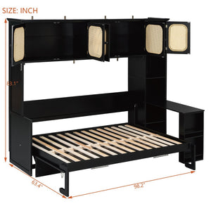 English Elm Full Murphy Bed with Faux Rattan Cabinets and Integrated Desk for Home Office Black LP000413AAB