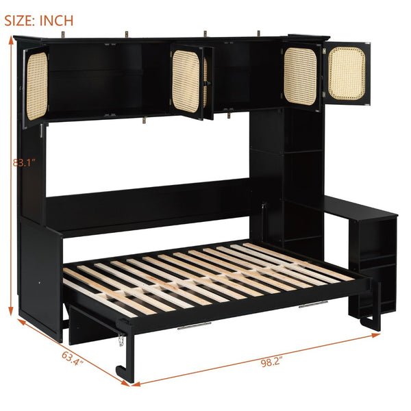 English Elm Full Murphy Bed with Faux Rattan Cabinets and Integrated Desk for Home Office Black LP000413AAB