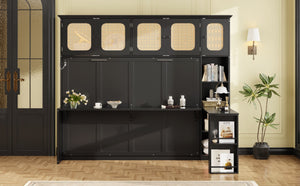 English Elm Full Murphy Bed with Faux Rattan Cabinets and Integrated Desk for Home Office Black LP000413AAB