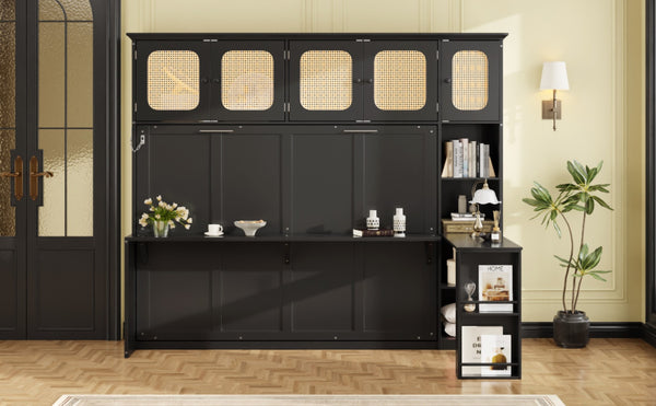 English Elm Full Murphy Bed with Faux Rattan Cabinets and Integrated Desk for Home Office Black LP000413AAB