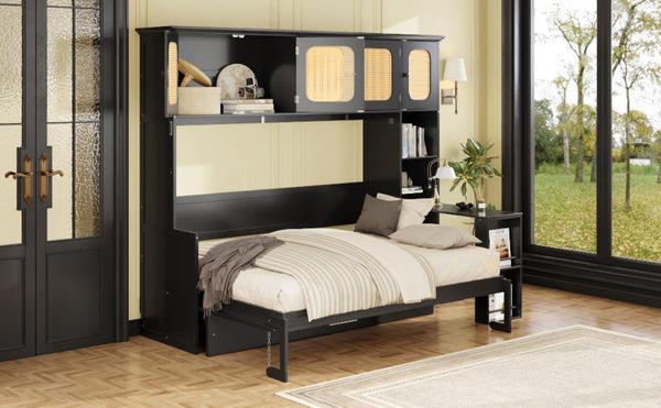 English Elm Full Murphy Bed with Faux Rattan Cabinets and Integrated Desk for Home Office Black LP000413AAB