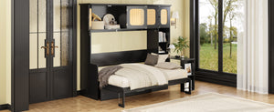 English Elm Full Murphy Bed with Faux Rattan Cabinets and Integrated Desk for Home Office Black LP000413AAB