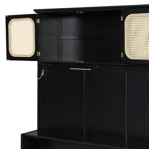 English Elm Full Murphy Bed with Faux Rattan Cabinets and Integrated Desk for Home Office Black LP000413AAB