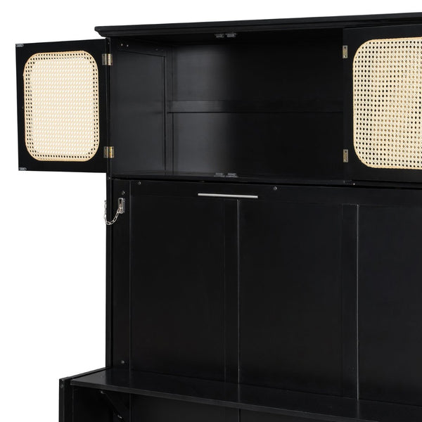 English Elm Full Murphy Bed with Faux Rattan Cabinets and Integrated Desk for Home Office Black LP000413AAB
