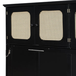 English Elm Full Murphy Bed with Faux Rattan Cabinets and Integrated Desk for Home Office Black LP000413AAB