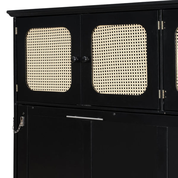 English Elm Full Murphy Bed with Faux Rattan Cabinets and Integrated Desk for Home Office Black LP000413AAB