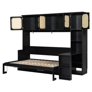 English Elm Full Murphy Bed with Faux Rattan Cabinets and Integrated Desk for Home Office Black LP000413AAB