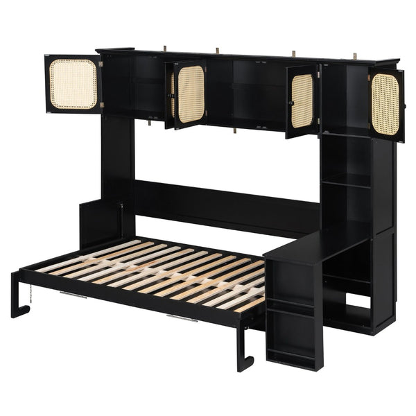 English Elm Full Murphy Bed with Faux Rattan Cabinets and Integrated Desk for Home Office Black LP000413AAB