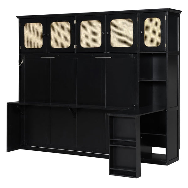 English Elm Full Murphy Bed with Faux Rattan Cabinets and Integrated Desk for Home Office Black LP000413AAB