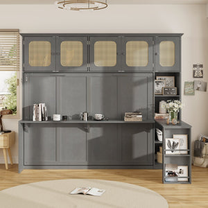 English Elm Full Murphy Bed with Faux Rattan Cabinets and Integrated Desk for Home Office Antique Gray LP000413AAE