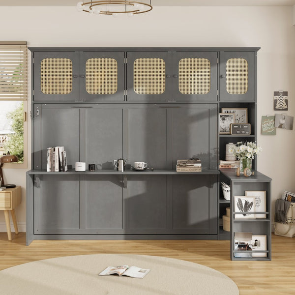 English Elm Full Murphy Bed with Faux Rattan Cabinets and Integrated Desk for Home Office Antique Gray LP000413AAE