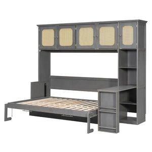 English Elm Full Murphy Bed with Faux Rattan Cabinets and Integrated Desk for Home Office Antique Gray LP000413AAE