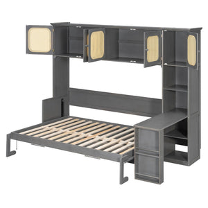 English Elm Full Murphy Bed with Faux Rattan Cabinets and Integrated Desk for Home Office Antique Gray LP000413AAE
