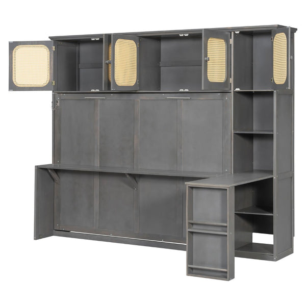 English Elm Full Murphy Bed with Faux Rattan Cabinets and Integrated Desk for Home Office Antique Gray LP000413AAE