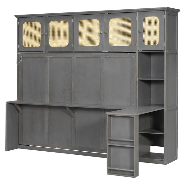 English Elm Full Murphy Bed with Faux Rattan Cabinets and Integrated Desk for Home Office Antique Gray LP000413AAE