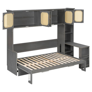 English Elm Full Murphy Bed with Faux Rattan Cabinets and Integrated Desk for Home Office Antique Gray LP000413AAE