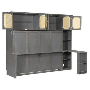 English Elm Full Murphy Bed with Faux Rattan Cabinets and Integrated Desk for Home Office Antique Gray LP000413AAE