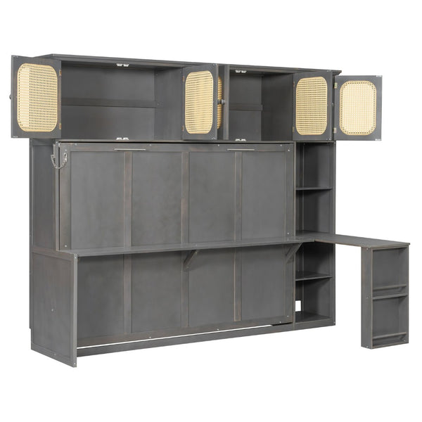 English Elm Full Murphy Bed with Faux Rattan Cabinets and Integrated Desk for Home Office Antique Gray LP000413AAE