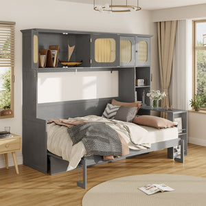 English Elm Full Murphy Bed with Faux Rattan Cabinets and Integrated Desk for Home Office Antique Gray LP000413AAE