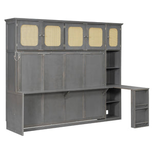 English Elm Full Murphy Bed with Faux Rattan Cabinets and Integrated Desk for Home Office Antique Gray LP000413AAE