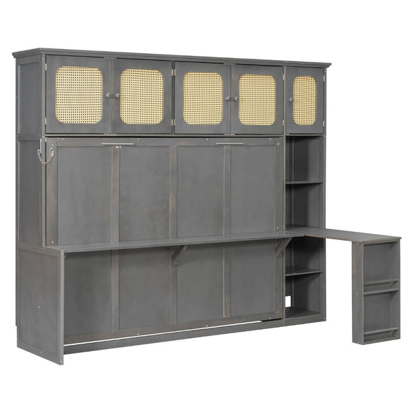 English Elm Full Murphy Bed with Faux Rattan Cabinets and Integrated Desk for Home Office Antique Gray LP000413AAE