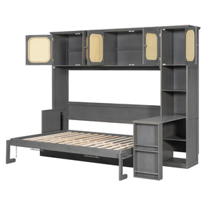 English Elm Full Murphy Bed with Faux Rattan Cabinets and Integrated Desk for Home Office Antique Gray LP000413AAE