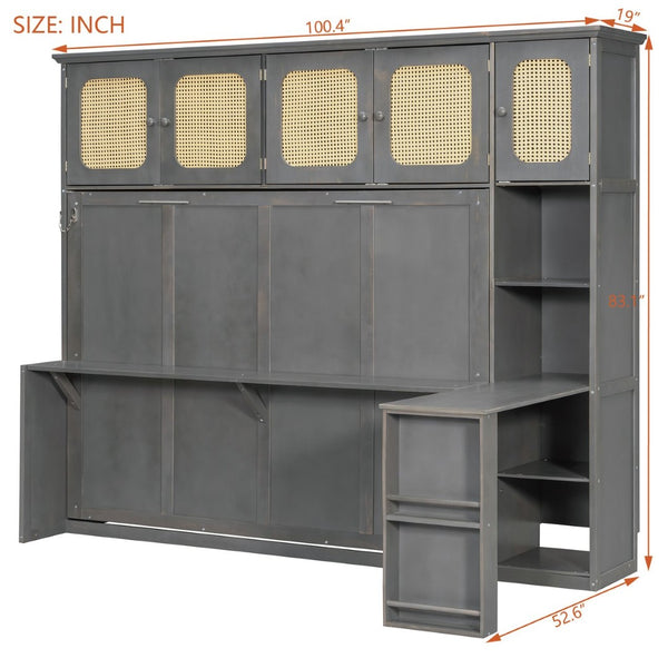 English Elm Full Murphy Bed with Faux Rattan Cabinets and Integrated Desk for Home Office Antique Gray LP000413AAE