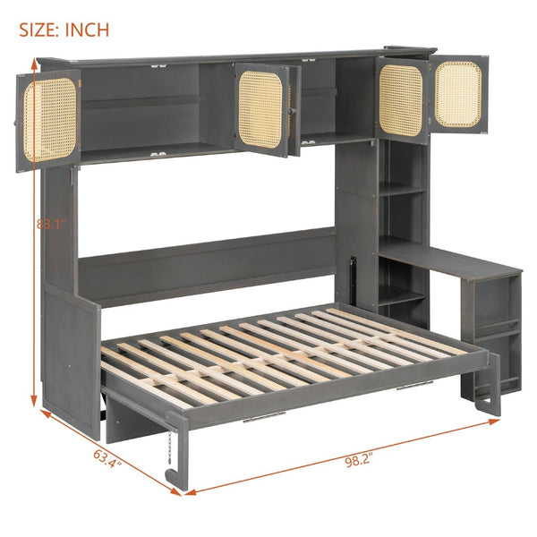 English Elm Full Murphy Bed with Faux Rattan Cabinets and Integrated Desk for Home Office Antique Gray LP000413AAE