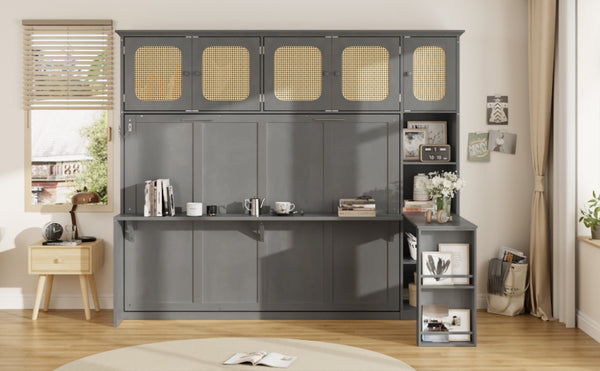 English Elm Full Murphy Bed with Faux Rattan Cabinets and Integrated Desk for Home Office Antique Gray LP000413AAE