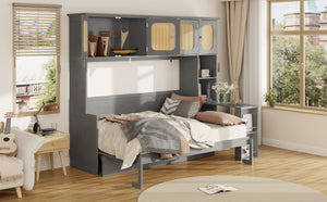 English Elm Full Murphy Bed with Faux Rattan Cabinets and Integrated Desk for Home Office Antique Gray LP000413AAE
