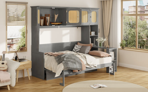 English Elm Full Murphy Bed with Faux Rattan Cabinets and Integrated Desk for Home Office Antique Gray LP000413AAE