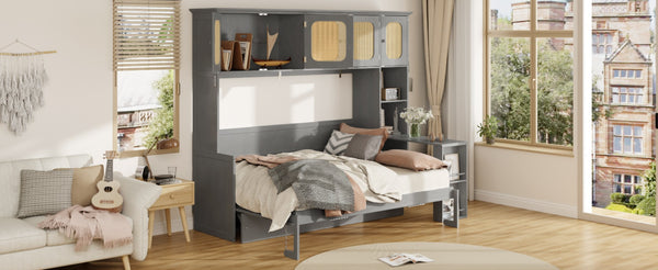English Elm Full Murphy Bed with Faux Rattan Cabinets and Integrated Desk for Home Office Antique Gray LP000413AAE