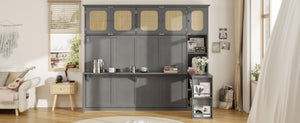 English Elm Full Murphy Bed with Faux Rattan Cabinets and Integrated Desk for Home Office Antique Gray LP000413AAE