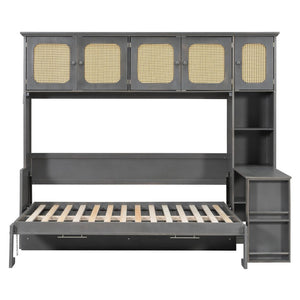 English Elm Full Murphy Bed with Faux Rattan Cabinets and Integrated Desk for Home Office Antique Gray LP000413AAE