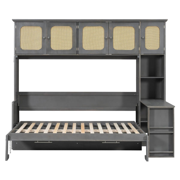 English Elm Full Murphy Bed with Faux Rattan Cabinets and Integrated Desk for Home Office Antique Gray LP000413AAE